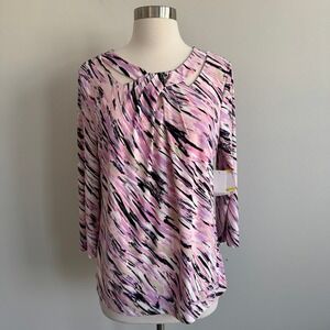Kasper Pink Abstract Print Twist Neck Cut Out 3/4 Sleeve Blouse Medium NWT